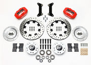 Wilwood front Forged Dynalite Internal kit for GMC/Buick/Chevrolet/Oldsmobile/Pontiac/Isuzu disc spindle: paired red calipers, 12.19-inch drilled and slotted rotors and hardware laid out