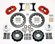 Wilwood front Forged Narrow Superlite 6R kit for GMC/Buick/Chevrolet/Oldsmobile/Pontiac/Isuzu disc spindle: paired red calipers, 12.88-inch drilled and slotted rotors and hardware laid out