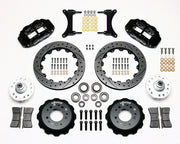 Wilwood front Forged Narrow Superlite 6R kit for GMC/Buick/Chevrolet/Oldsmobile/Pontiac/Isuzu disc spindle: paired black calipers, 12.88-inch drilled and slotted rotors and hardware laid out