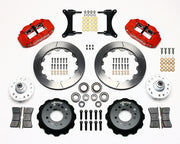 Wilwood front Forged Narrow Superlite 6R kit for GMC/Buick/Chevrolet/Oldsmobile/Pontiac/Isuzu disc spindle: paired red calipers, 12.88-inch slotted rotors and hardware laid out