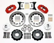 Wilwood front Forged Narrow Superlite 6R kit for GMC/Buick/Chevrolet/Oldsmobile/Pontiac/Isuzu disc spindle: paired red calipers, 14.00-inch drilled and slotted rotors and hardware laid out