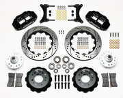 Wilwood front Forged Narrow Superlite 6R kit for GMC/Buick/Chevrolet/Oldsmobile/Pontiac/Isuzu disc spindle: paired black calipers, 14.00-inch drilled and slotted rotors and hardware laid out