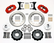 Wilwood front Forged Narrow Superlite 6R kit for GMC/Buick/Chevrolet/Oldsmobile/Pontiac/Isuzu disc spindle: paired red calipers, 14.00-inch slotted rotors and hardware laid out