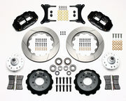 Wilwood front Forged Narrow Superlite 6R kit for GMC/Buick/Chevrolet/Oldsmobile/Pontiac/Isuzu disc spindle: paired black calipers, 14.00-inch slotted rotors and hardware laid out