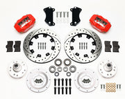 Wilwood front Forged Dynalite Internal kit for Chevrolet Bel Air/Nomad/One-Fifty Series/Sedan Delivery/Two-Ten Series/Del Ray: paired red calipers, 12.19-inch drilled and slotted rotors and hardware laid out