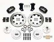 Wilwood front Forged Dynalite Internal kit for Chevrolet Bel Air/Nomad/One-Fifty Series/Sedan Delivery/Two-Ten Series/Del Ray: paired black calipers, 12.19-inch drilled and slotted rotors and hardware laid out