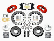 Wilwood front Forged Narrow Superlite 6R kit for Chevrolet Bel Air/Nomad/One-Fifty Series/Sedan Delivery/Two-Ten Series/Del Ray: paired red calipers, 12.88-inch drilled and slotted rotors and hardware laid out