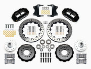 Wilwood front Forged Narrow Superlite 6R kit for Chevrolet Bel Air/Nomad/One-Fifty Series/Sedan Delivery/Two-Ten Series/Del Ray: paired black calipers, 12.88-inch drilled and slotted rotors and hardware laid out