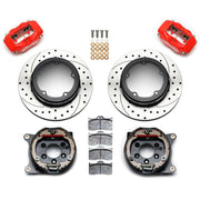 Wilwood rear Forged Dynalite Internal kit for Strange Engineering Floater 3.49-inch offset: paired red calipers, 12.19-inch drilled and slotted rotors and hardware laid out