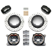 Wilwood rear Forged Dynalite Internal kit for Strange Engineering Floater 3.49-inch offset: paired black calipers, 12.19-inch drilled and slotted rotors and hardware laid out