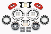 Wilwood rear Forged Narrow Superlite 4R kit for Strange Engineering Floater 3.49-inch offset: paired red calipers, 12.88-inch drilled and slotted rotors and hardware laid out