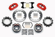 Wilwood rear Forged Narrow Superlite 4R kit for Strange Engineering Floater 3.49-inch offset: paired red calipers, 12.88-inch slotted rotors and hardware laid out