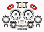 Wilwood rear Forged Narrow Superlite 4R kit for Strange Engineering Floater 3.49-inch offset: paired red calipers, 14.00-inch drilled and slotted rotors and hardware laid out