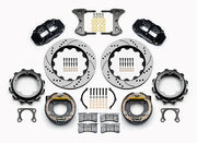 Wilwood rear Forged Narrow Superlite 4R kit for Strange Engineering Floater 3.49-inch offset: paired black calipers, 14.00-inch drilled and slotted rotors and hardware laid out