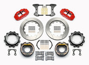 Wilwood rear Forged Narrow Superlite 4R kit for Strange Engineering Floater 3.49-inch offset: paired red calipers, 14.00-inch slotted rotors and hardware laid out