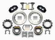 Wilwood rear Forged Narrow Superlite 4R kit for Strange Engineering Floater 3.49-inch offset: paired black calipers, 14.00-inch slotted rotors and hardware laid out