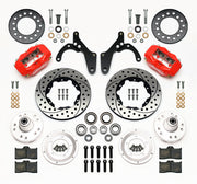 Wilwood front Forged Dynalite Internal kit for Chevrolet drum spindle: paired red calipers, 11.00-inch drilled and slotted rotors and hardware laid out