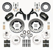 Wilwood front Forged Dynalite Internal kit for Chevrolet drum spindle: paired black calipers, 11.00-inch drilled and slotted rotors and hardware laid out