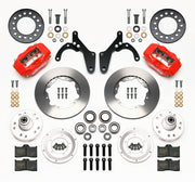 Wilwood front Forged Dynalite Internal kit for Chevrolet drum spindle: paired red calipers, 11.00-inch plain-face rotors and hardware laid out