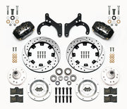 Wilwood front Forged Dynalite Internal kit for Chevrolet drum spindle: paired black calipers, 12.19-inch drilled and slotted rotors and hardware laid out