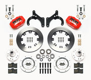 Wilwood front Forged Dynalite Internal kit for Chevrolet drum spindle: paired red calipers, 12.19-inch plain-face rotors and hardware laid out