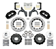 Wilwood front Forged Narrow Superlite 6R kit for Chevrolet drum spindle: paired black calipers, 12.88-inch drilled and slotted rotors and hardware laid out