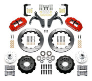 Wilwood front Forged Narrow Superlite 6R kit for Chevrolet drum spindle: paired red calipers, 12.88-inch slotted rotors and hardware laid out