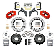 Wilwood front Forged Narrow Superlite 6R kit for Chevrolet drum spindle: paired red calipers, 14.00-inch drilled and slotted rotors and hardware laid out
