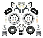 Wilwood front Forged Narrow Superlite 6R kit for Chevrolet drum spindle: paired black calipers, 14.00-inch drilled and slotted rotors and hardware laid out