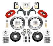 Wilwood front Forged Narrow Superlite 6R kit for Chevrolet drum spindle: paired red calipers, 14.00-inch slotted rotors and hardware laid out