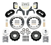 Wilwood front Forged Narrow Superlite 6R kit for Chevrolet drum spindle: paired black calipers, 14.00-inch slotted rotors and hardware laid out
