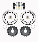 Wilwood rear 12.88-inch drilled and slotted ProMatrix rotor kit for Ford Mustang, rings, hats and hardware laid out