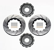 Wilwood front 14.00-inch drilled and slotted ProMatrix rotor kit for Chevrolet Corvette, rings, hats and hardware laid out