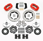 Wilwood front Forged Dynalite Internal kit for Ford/Mercury Falcon/Ranchero/Comet/Mustang: paired red calipers, 10.75-inch drilled and slotted rotors and hardware laid out