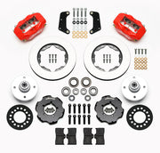 Wilwood front Forged Dynalite Internal kit for Ford/Mercury Falcon/Ranchero/Comet/Mustang: paired red calipers, 10.75-inch plain-face rotors and hardware laid out