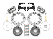 Wilwood rear Dynapro Lug Mount kit for Olds/Pontiac 2.81-inch offset, half-inch-stud hat mounting: paired gray calipers, 11.44-inch drilled rotors and hardware laid out