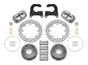 Wilwood rear Dynapro Lug Mount kit for Symmetrical End 2.81-inch offset, half-inch-stud hat mounting: paired gray calipers, 11.44-inch drilled rotors and hardware laid out