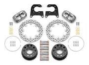 Wilwood rear Dynapro Lug Mount kit for Olds/Pontiac 2.81-inch offset, large-stud hat mounting: paired gray calipers, 11.44-inch drilled rotors and hardware laid out