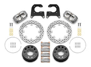 Wilwood rear Dynapro Lug Mount kit for Symmetrical End 2.81-inch offset, large-stud hat mounting: paired gray calipers, 11.44-inch drilled rotors and hardware laid out