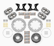 Wilwood rear Dynapro Lug Mount kit for Big Ford 2.36-inch offset: four gray calipers, 11.44-inch drilled rotors and hardware laid out