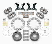Wilwood rear Dynapro Lug Mount kit for Olds/Pontiac 2.81-inch offset, half-inch-stud hat mounting: four gray calipers, 11.44-inch drilled rotors and hardware laid out