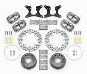 Wilwood rear Dynapro Lug Mount kit for Symmetrical End 2.81-inch offset, half-inch-stud hat mounting: four gray calipers, 11.44-inch drilled rotors and hardware laid out