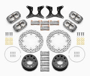 Wilwood rear Dynapro Lug Mount kit for Olds/Pontiac 2.81-inch offset, large-stud hat mounting: four gray calipers, 11.44-inch drilled rotors and hardware laid out