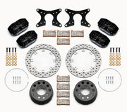 Wilwood rear Dynapro Lug Mount kit for Symmetrical End 2.81-inch offset, large-stud hat mounting: four black calipers, 11.44-inch drilled rotors and hardware laid out