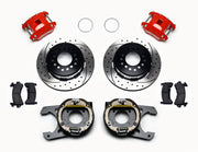 Wilwood rear D154 kit for 12 Bolt 2.75 - 2.81-inch offset: paired red calipers, 12.19-inch drilled and slotted rotors and hardware laid out