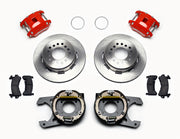 Wilwood rear D154 kit for 12 Bolt 2.75 - 2.81-inch offset: paired red calipers, 12.19-inch plain-face rotors and hardware laid out