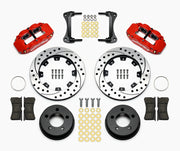Wilwood front Forged Narrow Superlite 4R kit for Jeep Cherokee/Wagoneer/Comanche/Wrangler/TJ Series: paired red calipers, 12.19-inch drilled and slotted rotors and hardware laid out