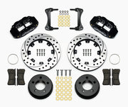 Wilwood front Forged Narrow Superlite 4R kit for Jeep Cherokee/Wagoneer/Comanche/Wrangler/TJ Series: paired black calipers, 12.19-inch drilled and slotted rotors and hardware laid out