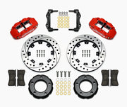 Wilwood front Forged Narrow Superlite 4R kit for Jeep CJ5/CJ7/Scrambler: paired red calipers, 12.19-inch drilled and slotted rotors and hardware laid out