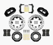 Wilwood front Forged Narrow Superlite 4R kit for Jeep CJ5/CJ7/Scrambler: paired black calipers, 12.19-inch drilled and slotted rotors and hardware laid out